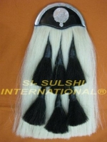 SI-WHITE HORSE HAIR LONG SPORRAN (100% Original) with CLAN FARQUHARSON EMBLEM